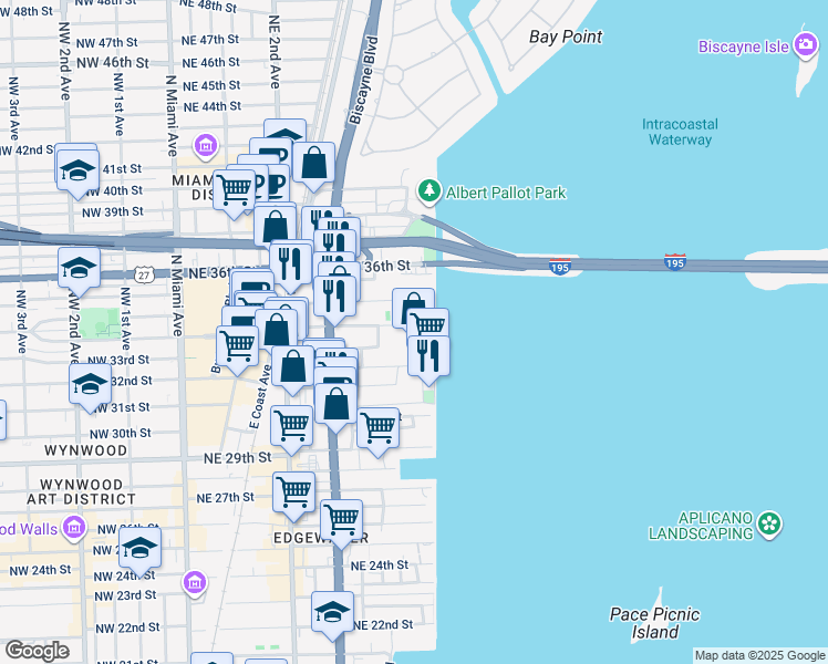 map of restaurants, bars, coffee shops, grocery stores, and more near 640 Northeast 34th Street in Miami