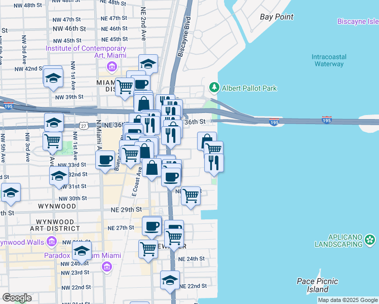 map of restaurants, bars, coffee shops, grocery stores, and more near 555 Northeast 34th Street in Miami