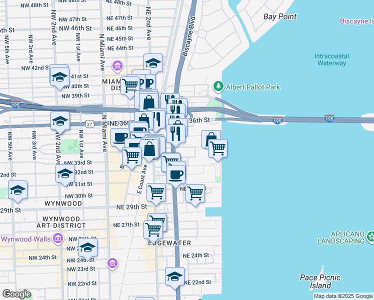map of restaurants, bars, coffee shops, grocery stores, and more near 404 Northeast 35th Street in Miami
