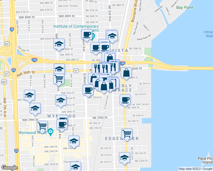 map of restaurants, bars, coffee shops, grocery stores, and more near 3449 Northeast 1st Avenue in Miami