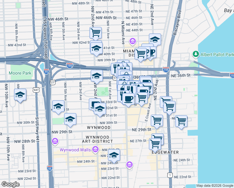 map of restaurants, bars, coffee shops, grocery stores, and more near 29 Northwest 34th Terrace in Miami