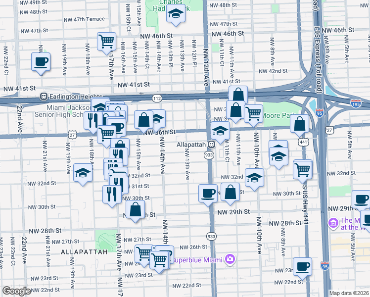map of restaurants, bars, coffee shops, grocery stores, and more near 1335 Northwest 35th Street in Miami