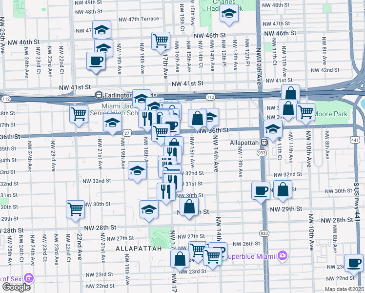 map of restaurants, bars, coffee shops, grocery stores, and more near 1601 Northwest 35th Street in Miami