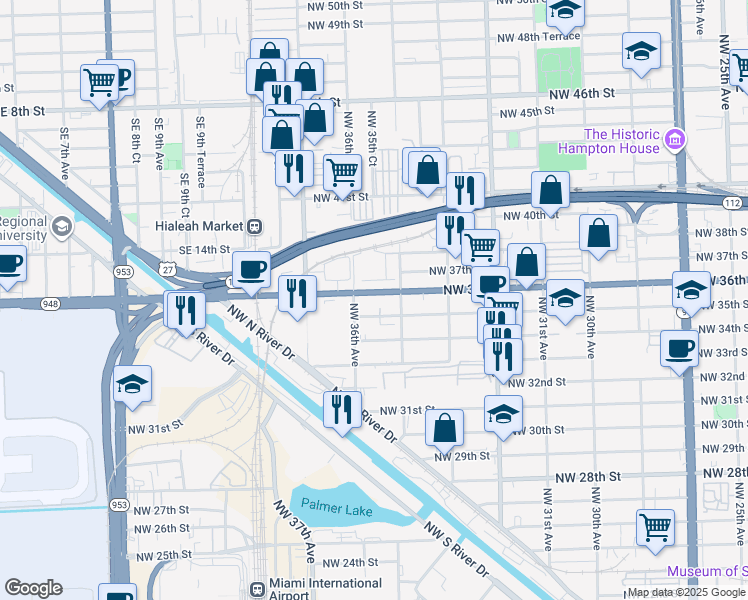 map of restaurants, bars, coffee shops, grocery stores, and more near 3519 Northwest 36th Street in Miami