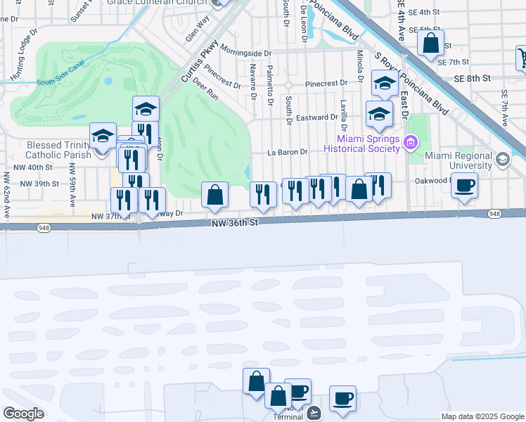 map of restaurants, bars, coffee shops, grocery stores, and more near 55 Fairway Drive in Miami Springs