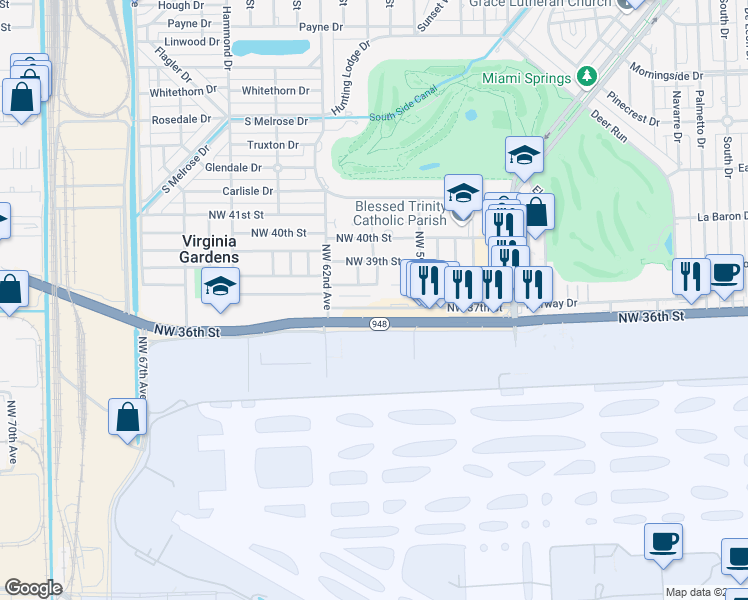 map of restaurants, bars, coffee shops, grocery stores, and more near 6002 Northwest 38th Street in Virginia Gardens