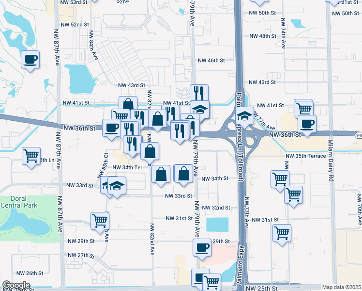 map of restaurants, bars, coffee shops, grocery stores, and more near 7970 Northwest 36th Street in Doral