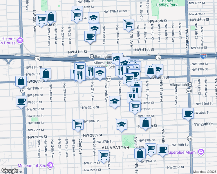 map of restaurants, bars, coffee shops, grocery stores, and more near 1890 Northwest 35th Street in Miami