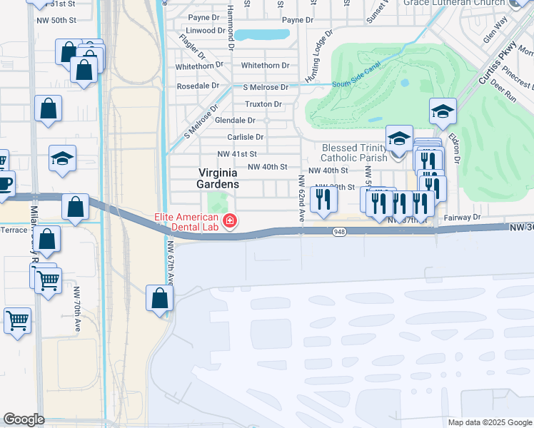 map of restaurants, bars, coffee shops, grocery stores, and more near 6330 Northwest 38th Terrace in Virginia Gardens