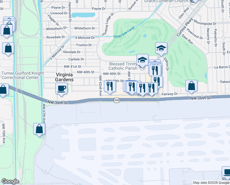 map of restaurants, bars, coffee shops, grocery stores, and more near 6002 Northwest 38th Street in Virginia Gardens
