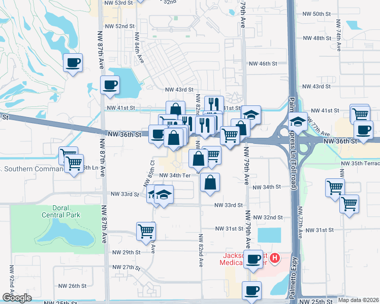 map of restaurants, bars, coffee shops, grocery stores, and more near 8200 Northwest 36th Street in Doral