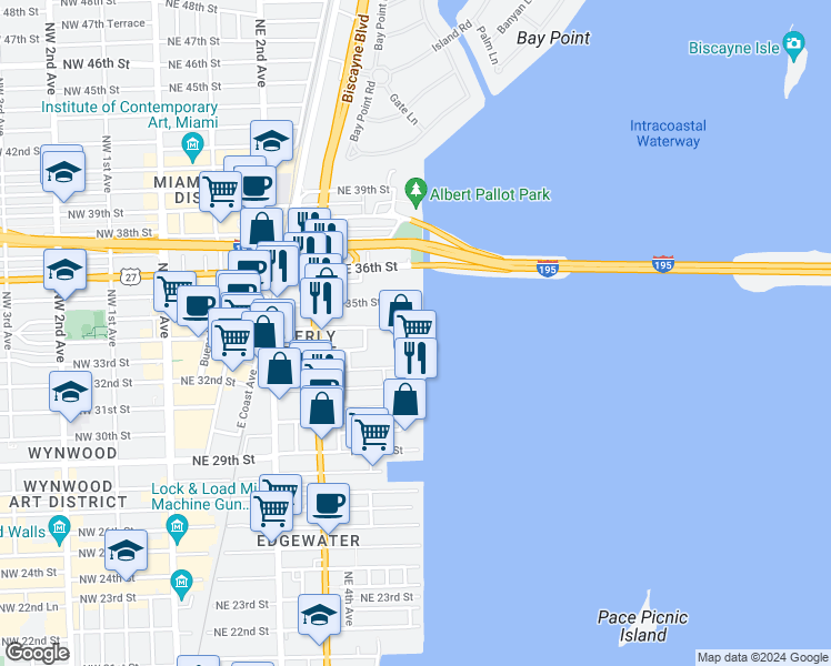 map of restaurants, bars, coffee shops, grocery stores, and more near 640 Northeast 34th Street in Miami