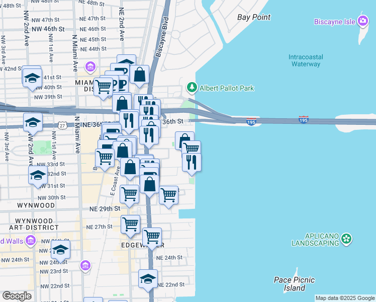 map of restaurants, bars, coffee shops, grocery stores, and more near 640 Northeast 34th Street in Miami