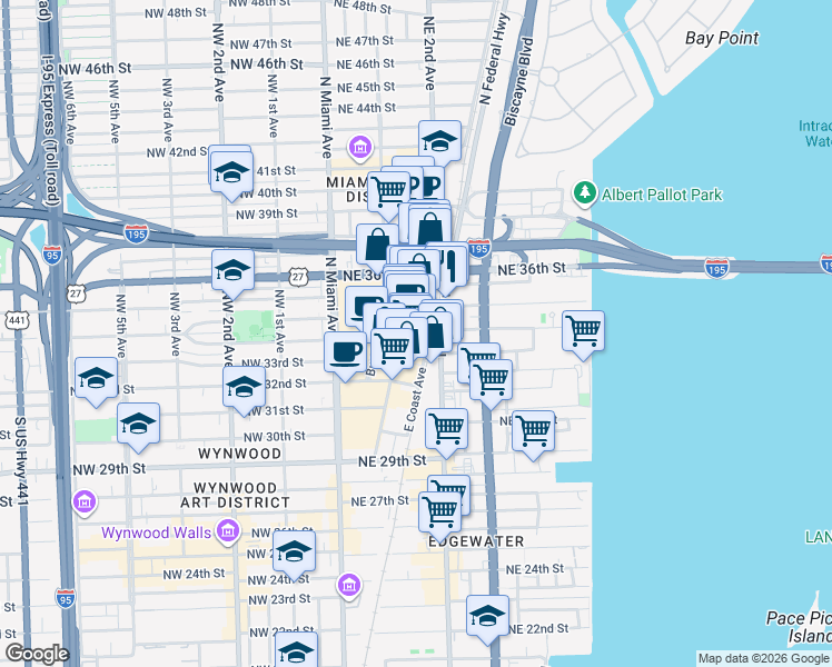 map of restaurants, bars, coffee shops, grocery stores, and more near 121 Northeast 34th Street in Miami
