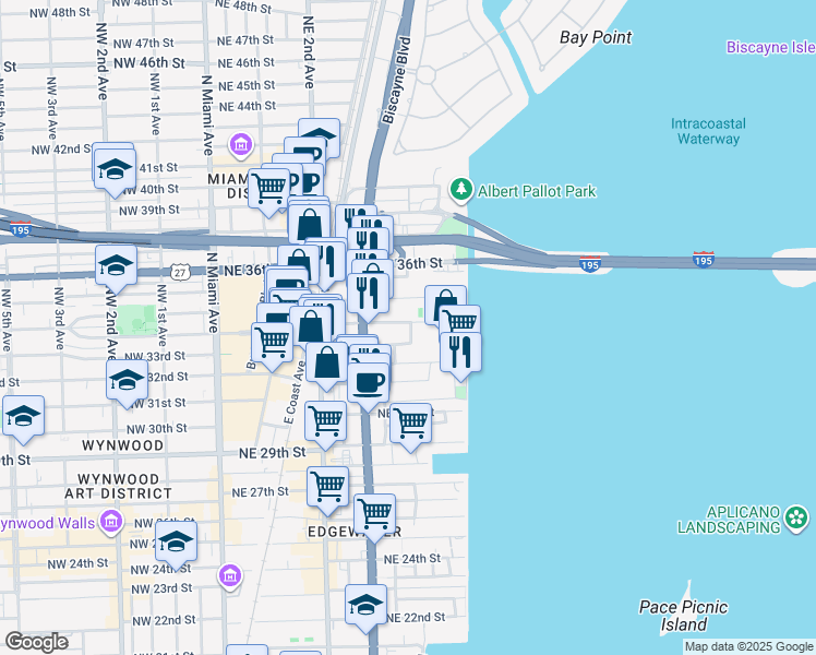 map of restaurants, bars, coffee shops, grocery stores, and more near 555 Northeast 34th Street in Miami