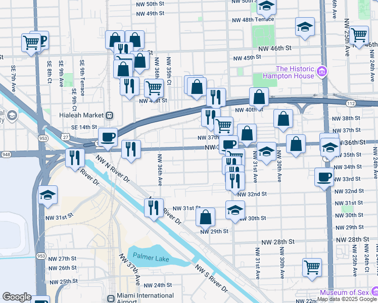 map of restaurants, bars, coffee shops, grocery stores, and more near 3401 Northwest 36th Street in Miami