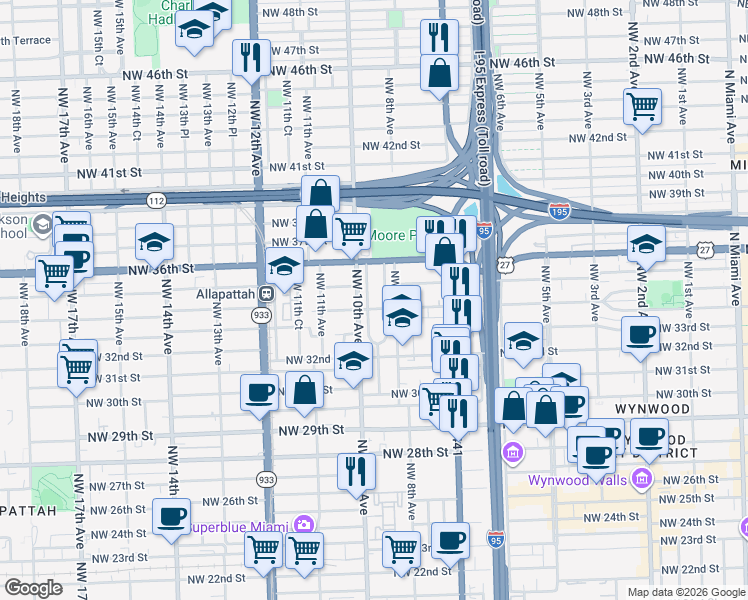 map of restaurants, bars, coffee shops, grocery stores, and more near 3445 Northwest 9th Court in Miami