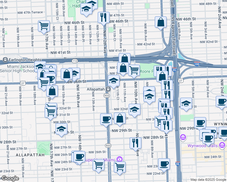 map of restaurants, bars, coffee shops, grocery stores, and more near 3400 Northwest 11th Place in Miami