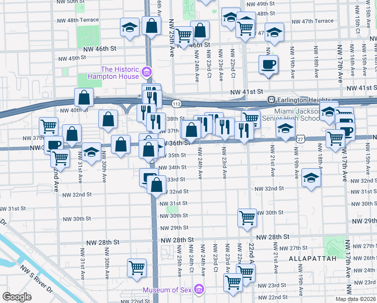 map of restaurants, bars, coffee shops, grocery stores, and more near in Miami
