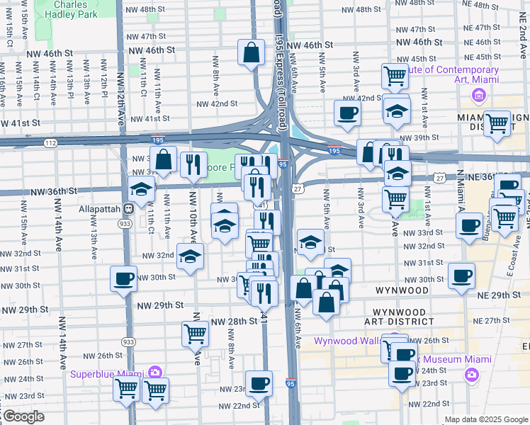 map of restaurants, bars, coffee shops, grocery stores, and more near 671 Northwest 34th Street in Miami