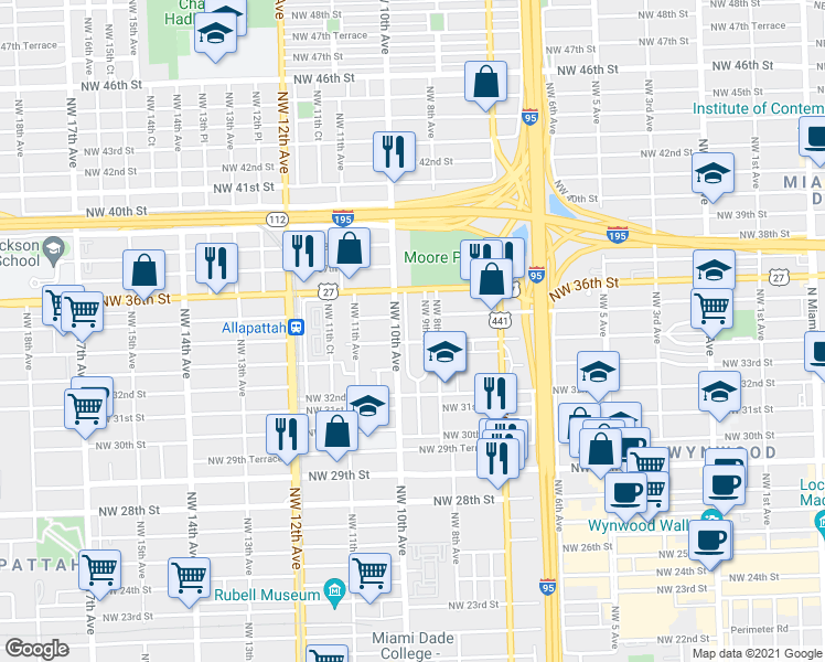 map of restaurants, bars, coffee shops, grocery stores, and more near 3445 Northwest 9th Court in Miami
