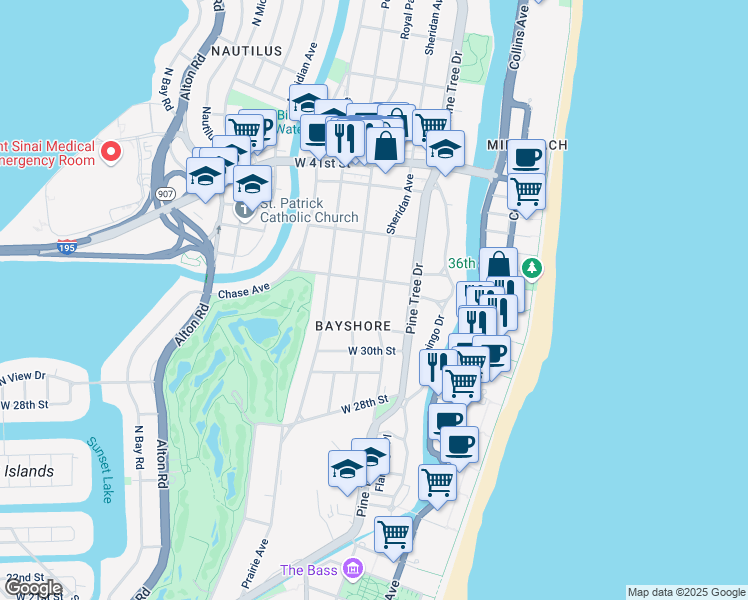 map of restaurants, bars, coffee shops, grocery stores, and more near 3191 Sheridan Avenue in Miami Beach