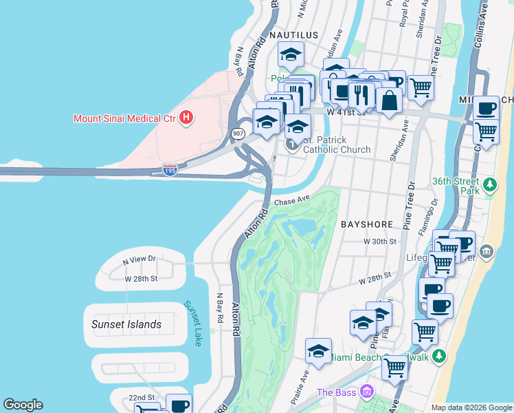 map of restaurants, bars, coffee shops, grocery stores, and more near 3140 North Bay Road in Miami Beach