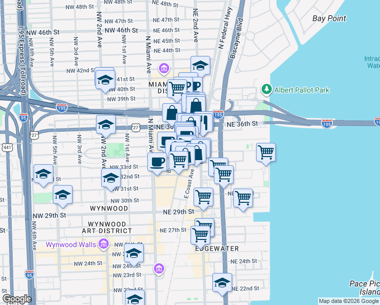 map of restaurants, bars, coffee shops, grocery stores, and more near 3449 Northeast 1st Avenue in Miami