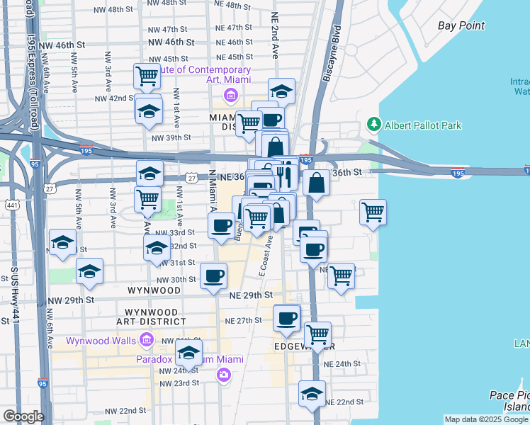 map of restaurants, bars, coffee shops, grocery stores, and more near 3449 Northeast 1st Avenue in Miami