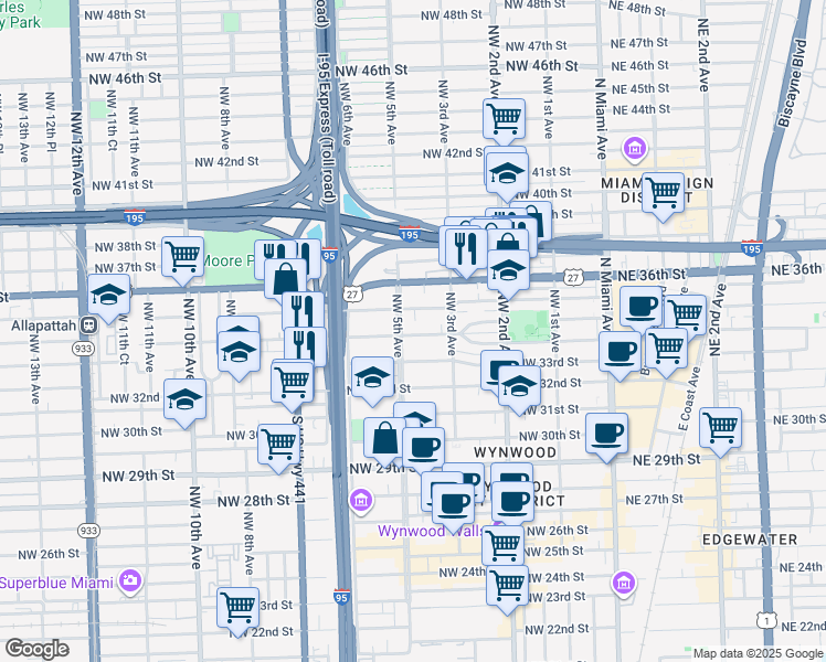 map of restaurants, bars, coffee shops, grocery stores, and more near 3430 Northwest 5th Avenue in Miami