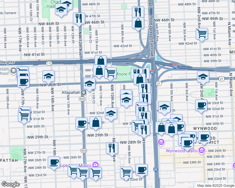 map of restaurants, bars, coffee shops, grocery stores, and more near 3445 Northwest 9th Court in Miami