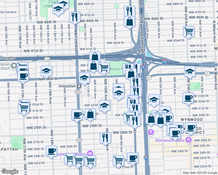 map of restaurants, bars, coffee shops, grocery stores, and more near 3445 Northwest 9th Court in Miami