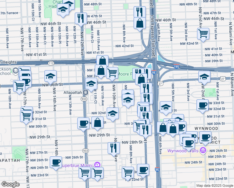 map of restaurants, bars, coffee shops, grocery stores, and more near 3445 Northwest 9th Court in Miami