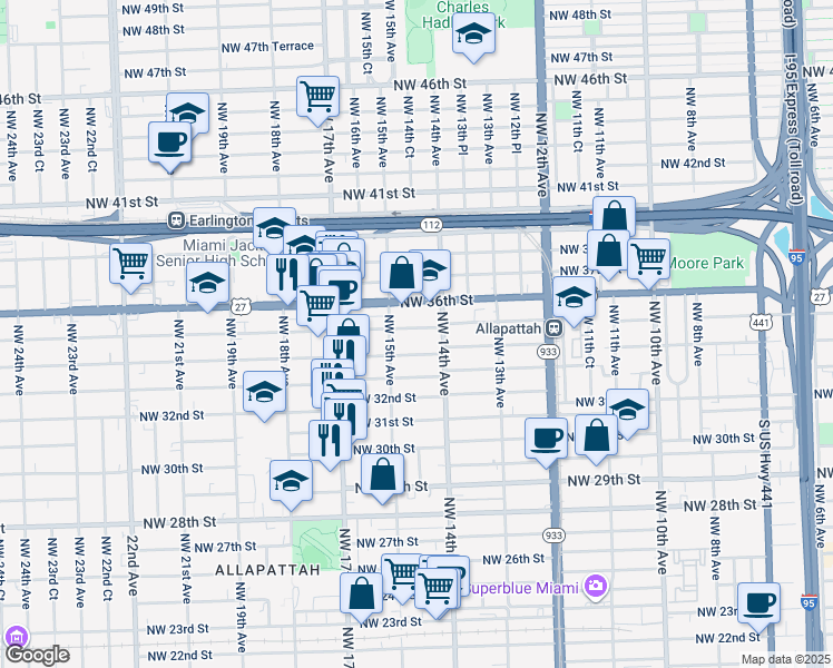 map of restaurants, bars, coffee shops, grocery stores, and more near 1481 Northwest 35th Street in Miami