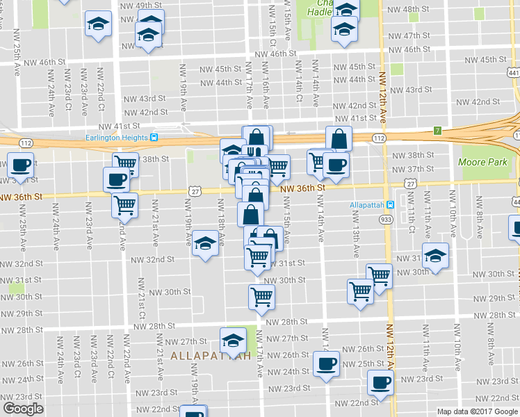 map of restaurants, bars, coffee shops, grocery stores, and more near 1601 Northwest 35th Street in Miami