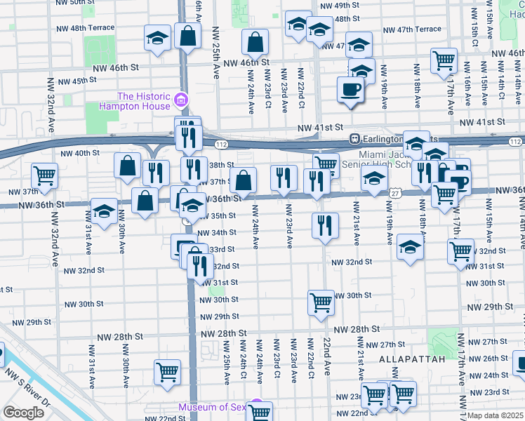 map of restaurants, bars, coffee shops, grocery stores, and more near 2342 Northwest 36th Street in Miami