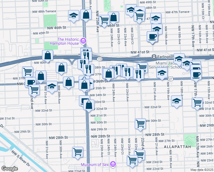 map of restaurants, bars, coffee shops, grocery stores, and more near in Miami