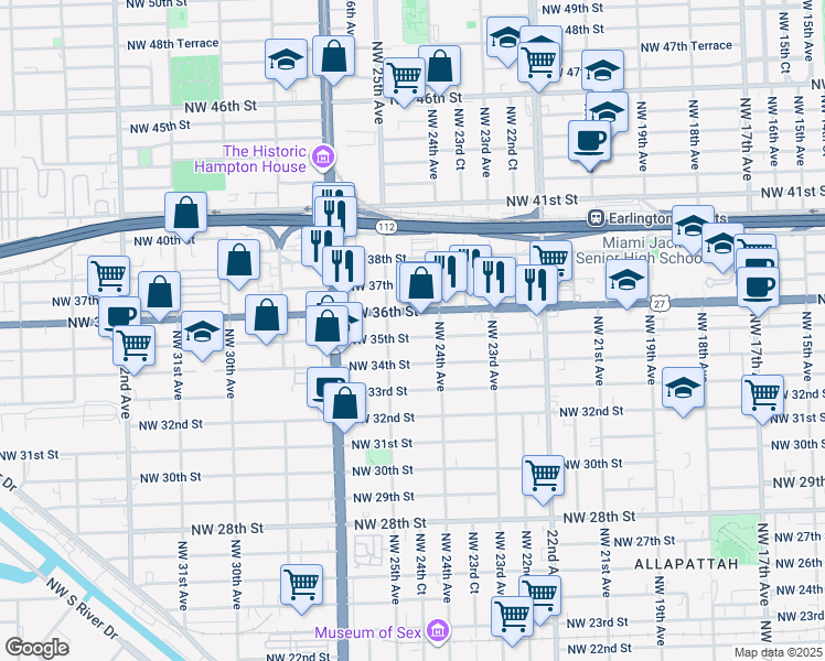 map of restaurants, bars, coffee shops, grocery stores, and more near in Miami