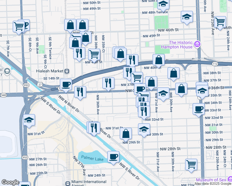 map of restaurants, bars, coffee shops, grocery stores, and more near 3401 Northwest 36th Street in Miami
