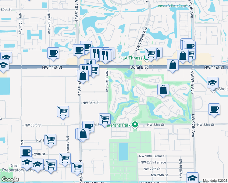 map of restaurants, bars, coffee shops, grocery stores, and more near 3761 Estepona Avenue in Doral
