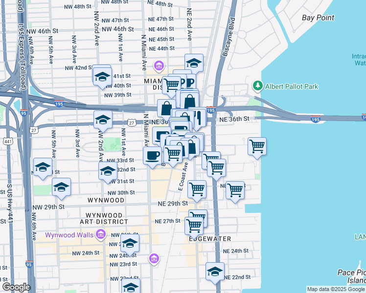 map of restaurants, bars, coffee shops, grocery stores, and more near 121 Northeast 34th Street in Miami