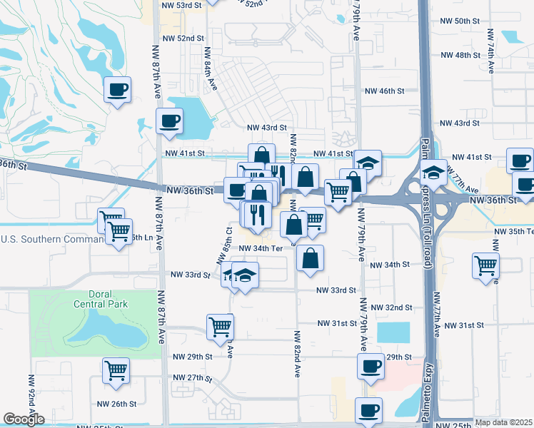 map of restaurants, bars, coffee shops, grocery stores, and more near 3535 Northwest 83rd Avenue in Doral