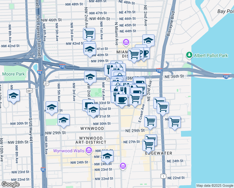 map of restaurants, bars, coffee shops, grocery stores, and more near 29 Northwest 34th Terrace in Miami