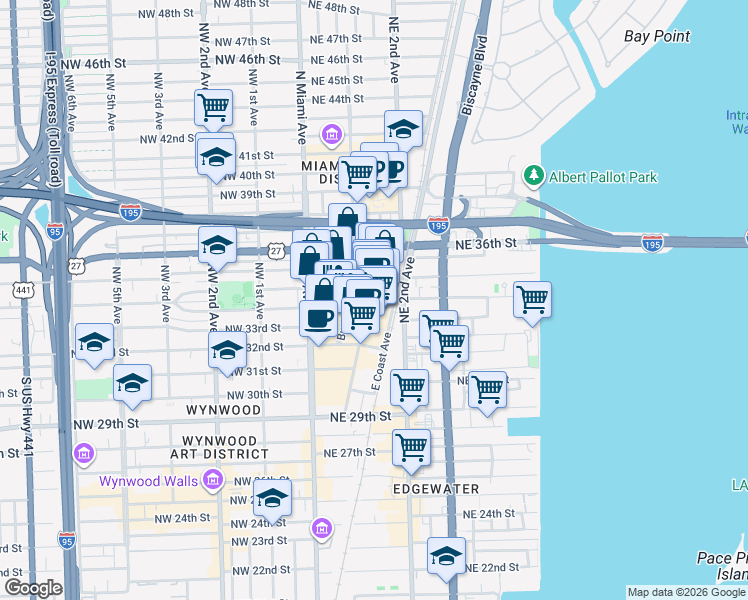 map of restaurants, bars, coffee shops, grocery stores, and more near 3402 Northeast 1st Avenue in Miami