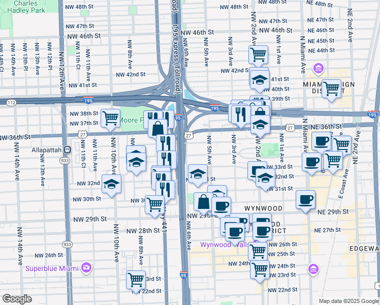 map of restaurants, bars, coffee shops, grocery stores, and more near 574 Northwest 35th Street in Miami