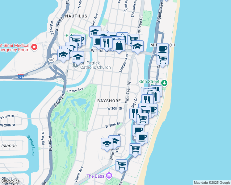 map of restaurants, bars, coffee shops, grocery stores, and more near 3191 Sheridan Avenue in Miami Beach