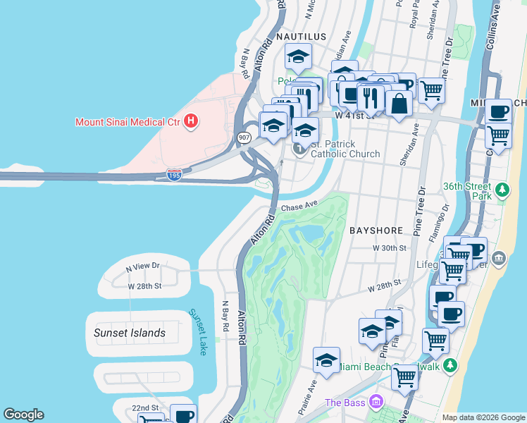 map of restaurants, bars, coffee shops, grocery stores, and more near 3140 North Bay Road in Miami Beach