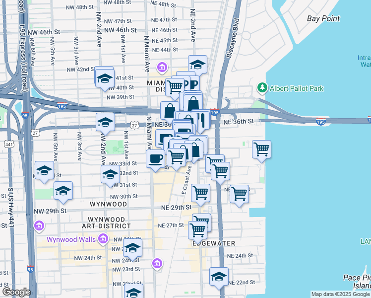 map of restaurants, bars, coffee shops, grocery stores, and more near 3449 Northeast 1st Avenue in Miami