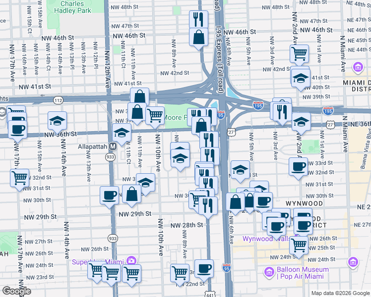 map of restaurants, bars, coffee shops, grocery stores, and more near 773 Northwest 34th Street in Miami