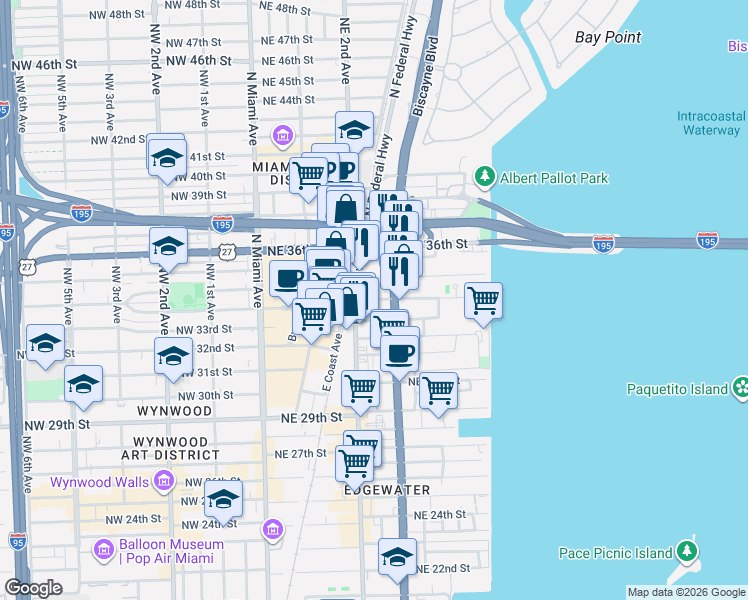 map of restaurants, bars, coffee shops, grocery stores, and more near 3400 Biscayne Boulevard in Miami